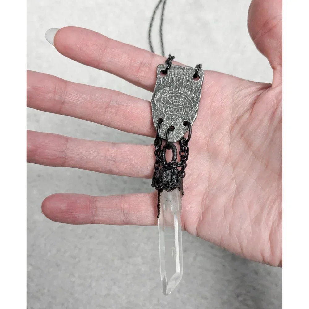 Raw Quartz Crystal Point Evil Eye Protective Talisman Necklace - Witchy, Gothic - Picture 4 of 7